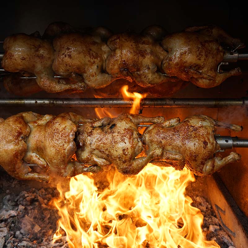 Rotisserie,Chicken,On,Spit,Over,Flames